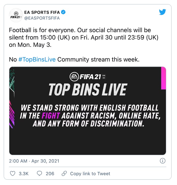EA Sports has joined other football associations to temporarily boycott social media platforms over ...