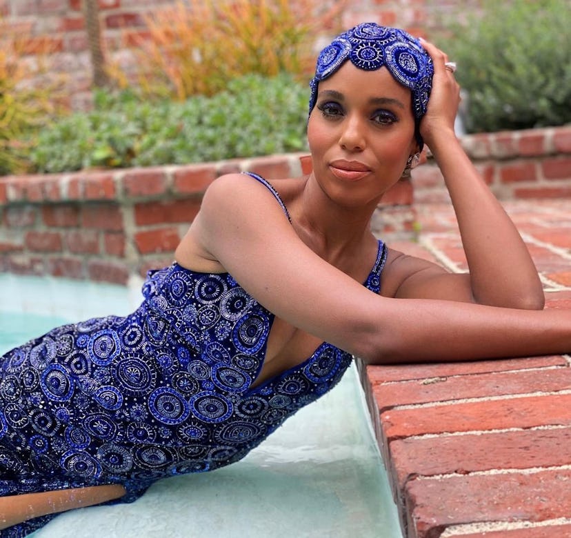 Kerry Washington wearing a navy Etro dress and swim cap at the 2021 SAG Awards.