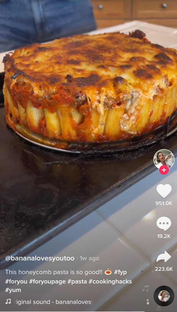 A plate of "honeycomb" pasta from TikTok sits on a kitchen counter. 