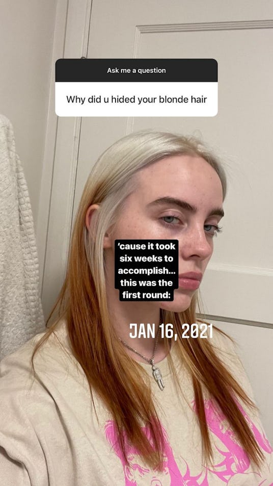 Billie Eilish with a mix of blonde and brown hair poses after her first hair bleaching session