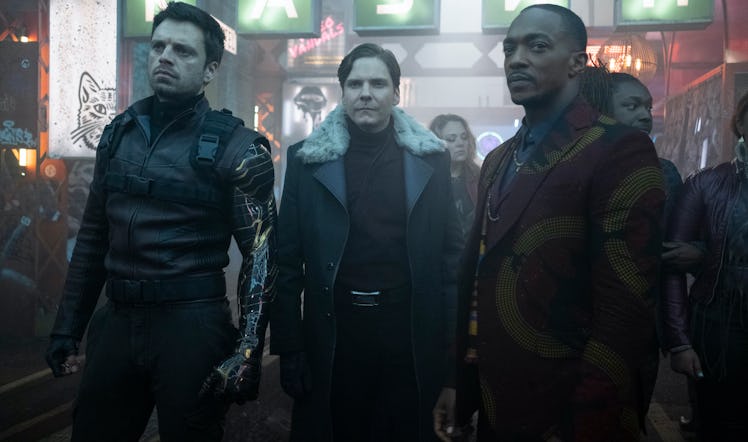 Sebastian Stan, Daniel Brühl, and Anthony Mackie in The Falcon and the Winter Soldier Episode 3