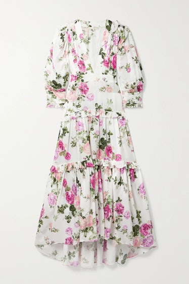 Lorencia ruffled floral-print matte-satin maxi dress