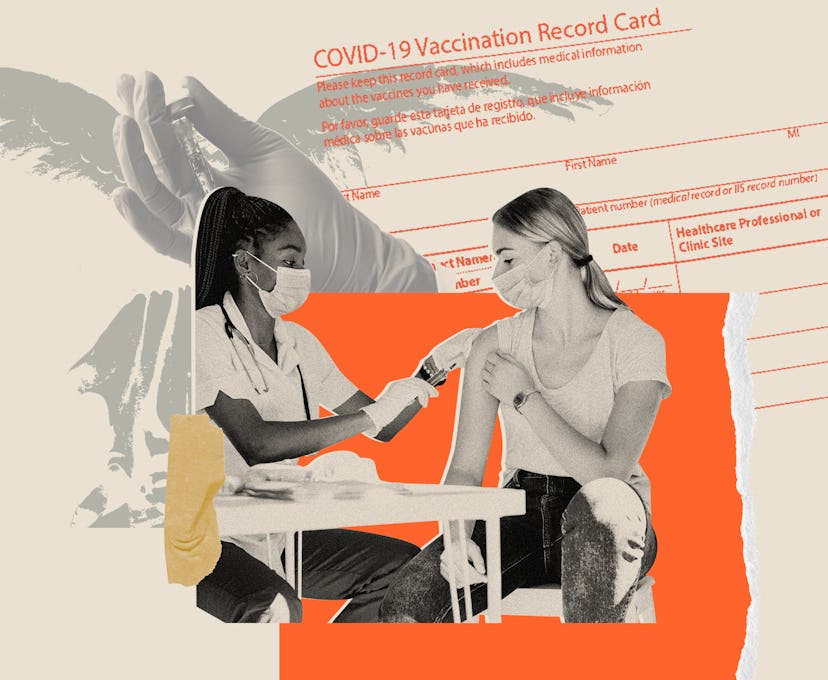A volunteer vaccinates a patient against COVID-19. Vaccine angels help people get their shots.