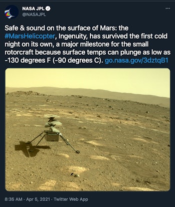 Tweet reading "Safe & sound on the surface of Mars: the #MarsHelicopter, Ingenuity, has survived the...