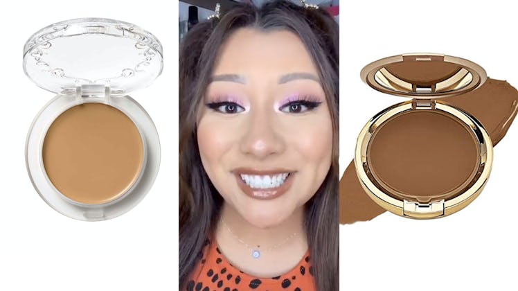TikToker Rocio Soria demonstrating Milani Cosmetics' Cream-To-Powder Foundation as a dupe for KVD Ve...