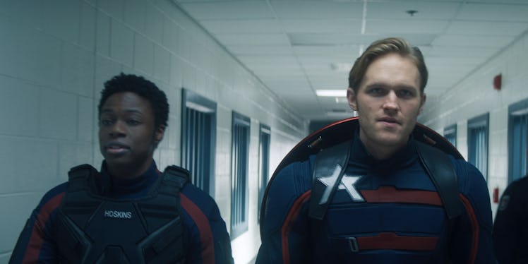 Wyatt Russell as John Walker and Clé Bennett as Lemar Hoskins in The Falcon and the Winter Soldier