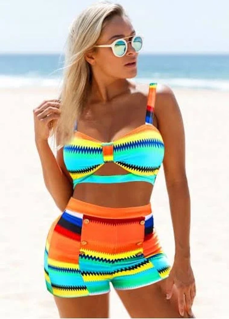 Mod Lily Plus Size Colorful Striped High Waisted Bikini Set