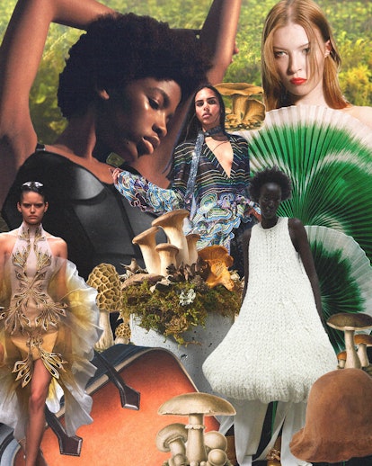 Collage of female models posing in mushroom inspired dresses