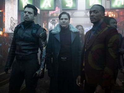 Actors Sebastian Stan, Daniel Brühl, and Anthony Mackie from the 'Falcon and Winter Soldier' movie