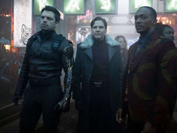 Actors Sebastian Stan, Daniel Brühl, and Anthony Mackie from the 'Falcon and Winter Soldier' movie