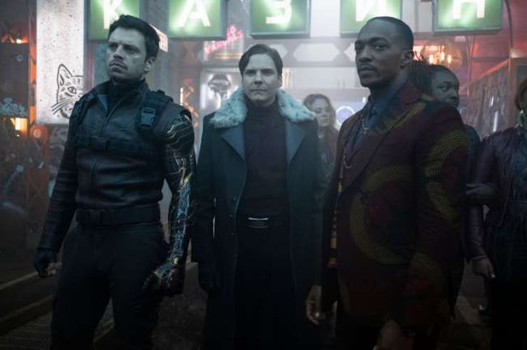 Actors Sebastian Stan, Daniel Brühl, and Anthony Mackie from the 'Falcon and Winter Soldier' movie