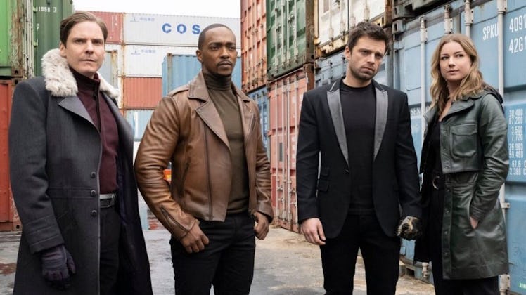 Daniel Brühl, Anthony Mackie, Sebastian Stan, and Emily VanCamp in The Falcon and the Winter Soldier...