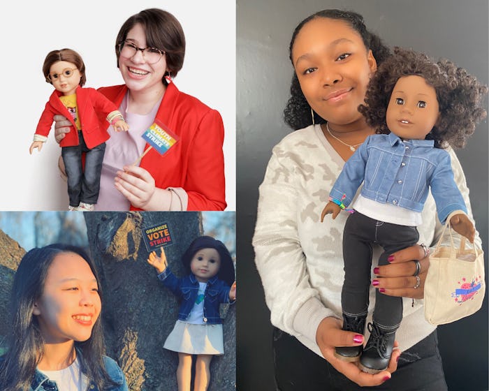 Clockwise from top left, Haven Coleman, Genesis Butler, and Iris Zhan pose with American Girl dolls ...