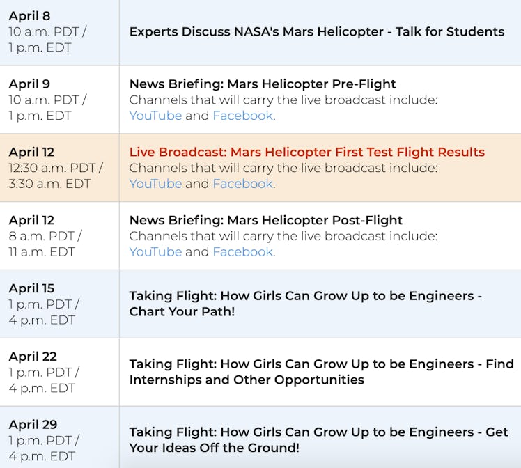 NASA has released this schedule of events surrounding the test flight of the Mars helicopter Ingenui...