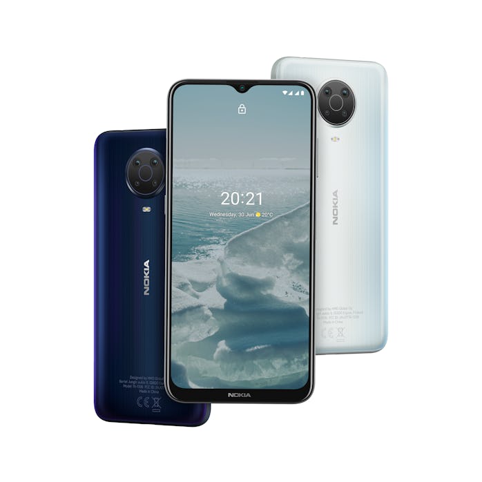 Front and back of Nokia G20 Android smartphone. Mobile. Android 11. Tear-drop notch.