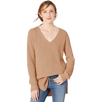 Goodthreads Cotton Half-Cardigan Stitch Deep V-Neck Sweater