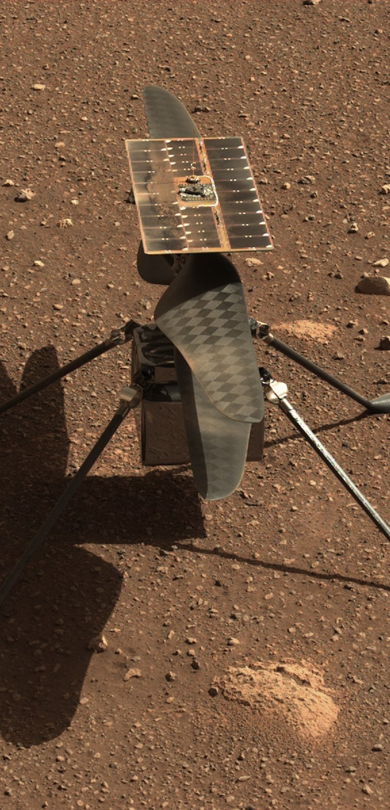 NASA’s Ingenuity Mars helicopter is seen here in a close-up taken by Mastcam-Z, a pair of zoomable c...