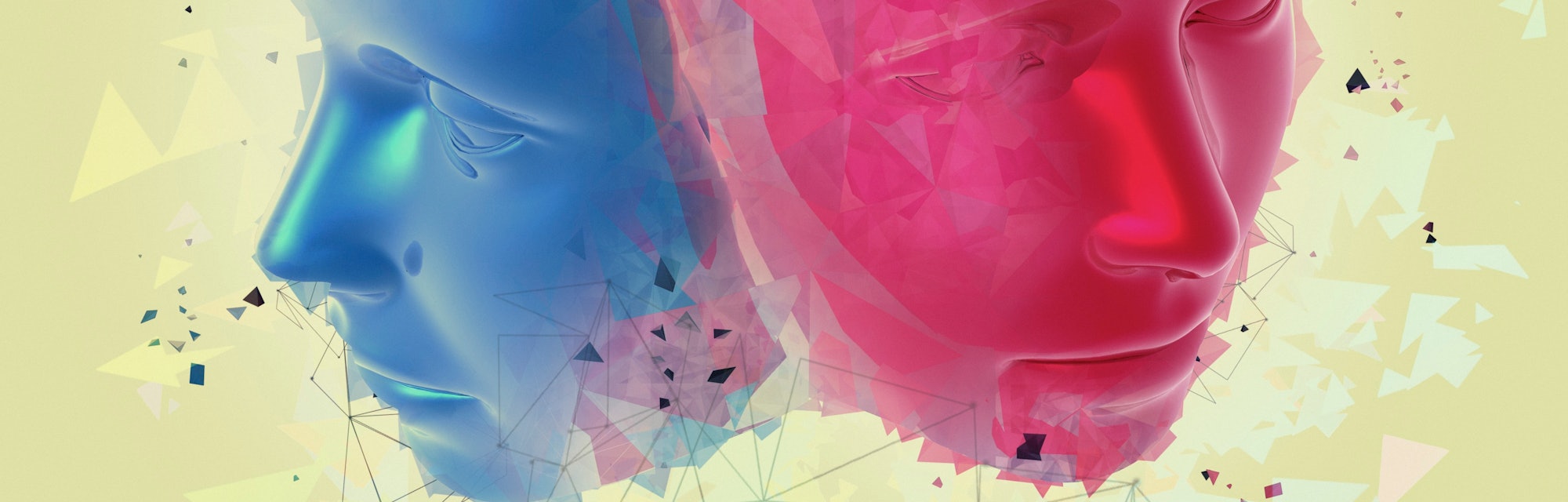 Blue and pink 3D faces with graphics