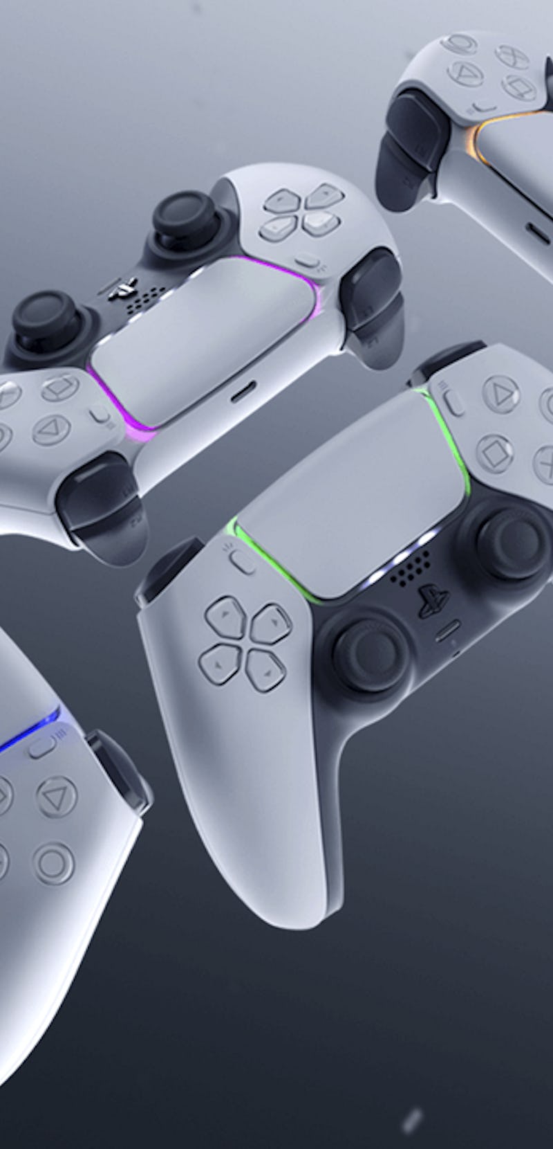 Sony ps5 dualsense controllers with different colored lights 