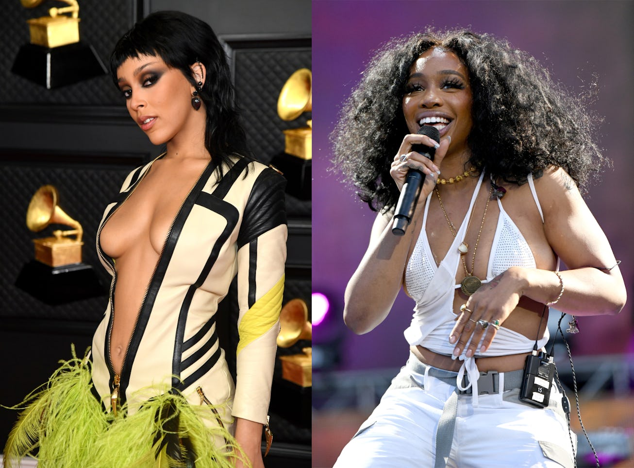 A stitched collage of Doja Cat at the 2021 Grammys, and SZA performing on stage in a white cut-out t...