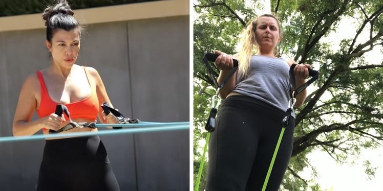 Kourtney Kardashian and Rachel Varina working out with resistance bands