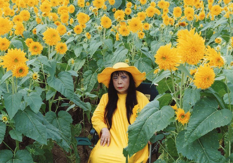 Yayoi Kusama in yellow among yellow flowers