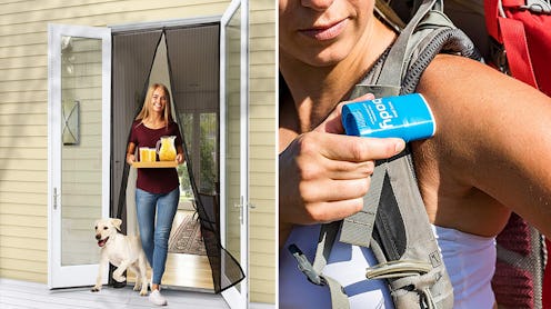 Two photos: a woman using anti-chafe balm; a woman coming out through a magnetic screen door with a ...