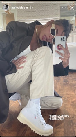 Hailey Bieber wearing Superga 2341 Alpina Shiny Gum White Sneakers on her Instagram, @haileybieber, ...