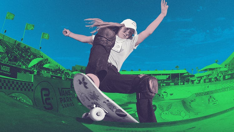Teen skateboard champion Brighton Zeuner performs a trick at the top of a skateboard ramp, as seen w...