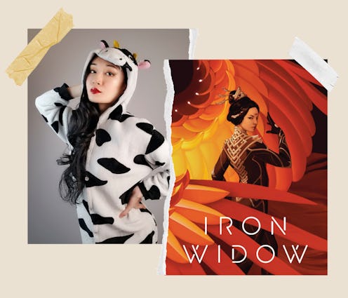 Author Xiran Jay Zhao and the cover of her novel Iron Widow.