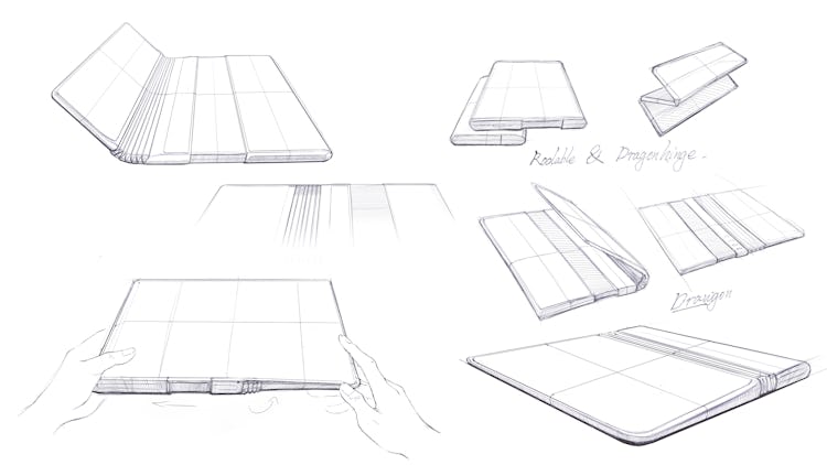 Sketches of TCL's Fold 'n Roll concept device with flexible foldable display and rolling screen desi...