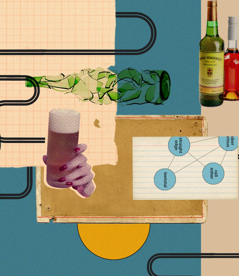 An abstract collage with elements of sobriety with a glass of beer, a broken glass and people.