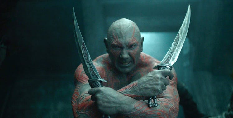 Drax the Destroyer holding two knives with his arms crossed 