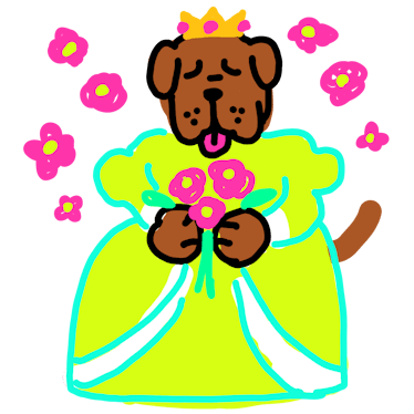 A drawing of a dog dressed as a princess holding flowers