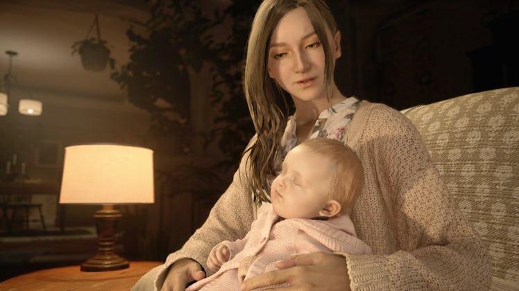 Resident Evil Village prologue section with a woman holding a baby