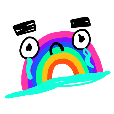 A drawing of a rainbow with eyes and a nose crying