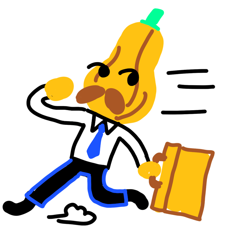 A drawing of a squash in a outfit and a briefcase running
