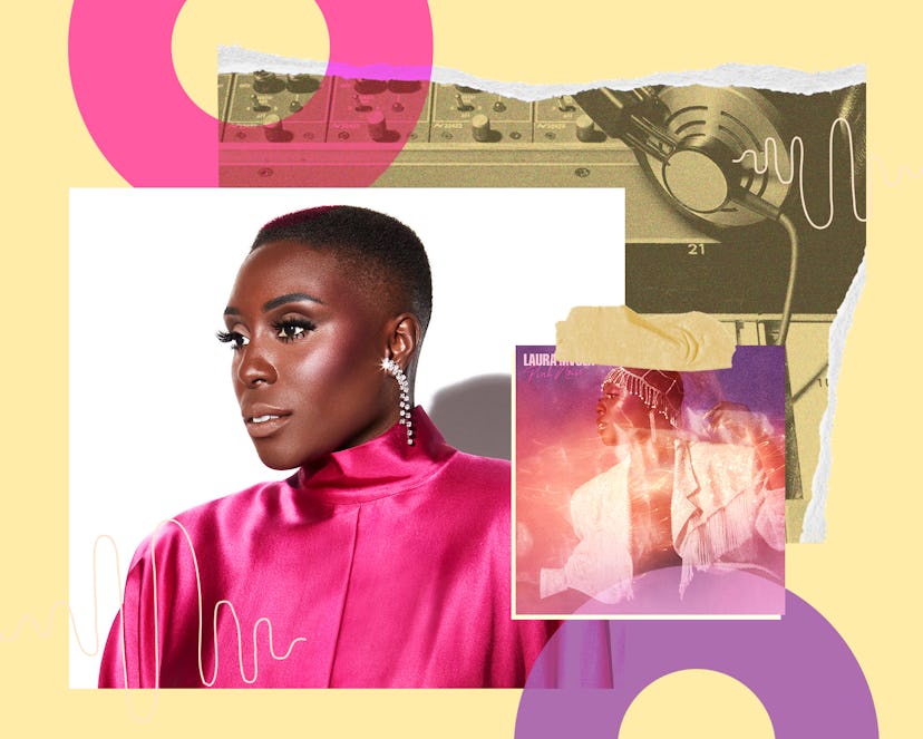 Laura Mvula in a pink turtleneck shirt next to cover art for her new album