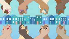 An illustration representing solidarity economies with pairs of hands intertwined and a row of house...