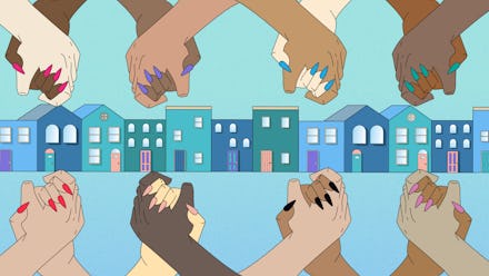 An illustration representing solidarity economies with pairs of hands intertwined and a row of house...