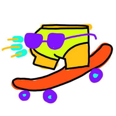 A drawing of a bottom in a swimsuit wearing sunglasses and riding a skateboard