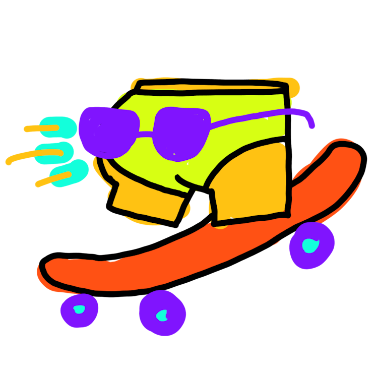 A drawing of a bottom in a swimsuit wearing sunglasses and riding a skateboard