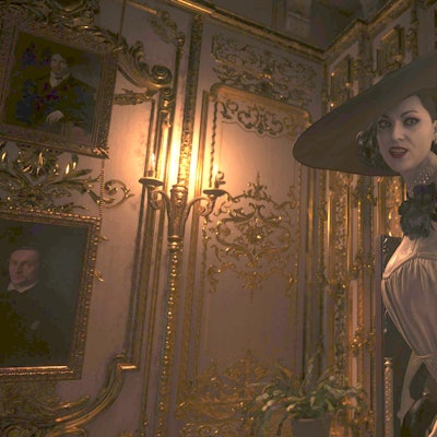 Lady Dimitrescu in a white dress and large hat in Resident Evil Village