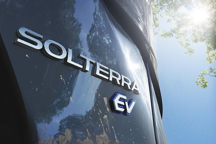 Subaru Solterra logo close-up promo photo