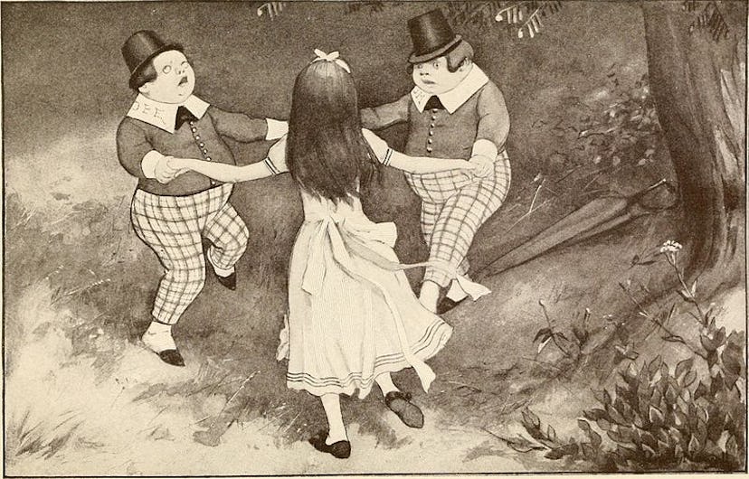 Alice, Tweedledum and Tweedledee play round the mulberry bush of the nursery rhyme. 