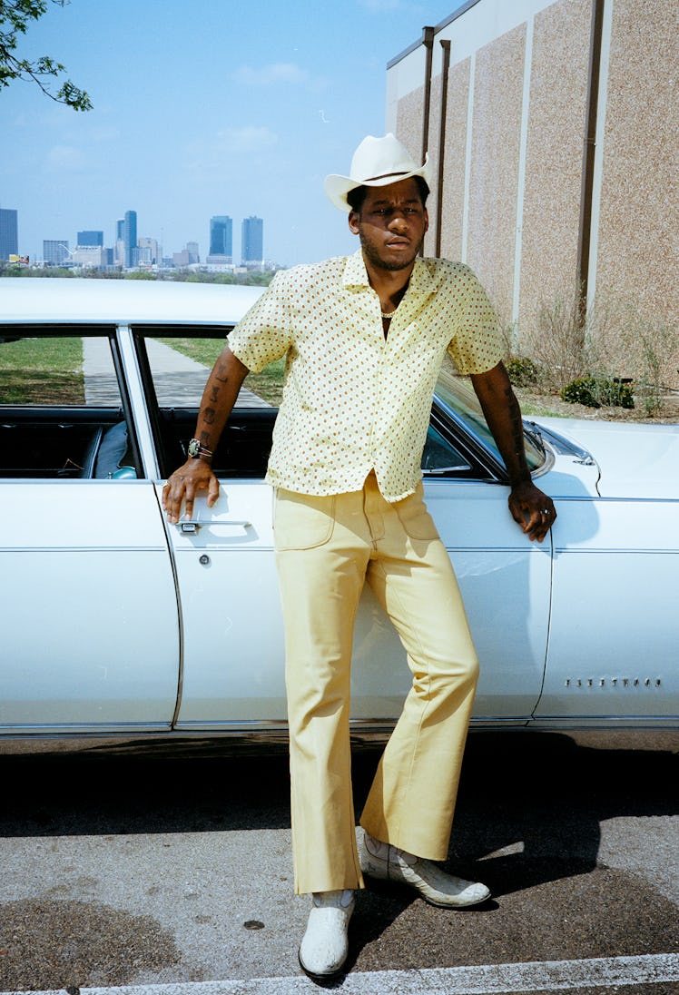 Leon Bridges wears a Bode shirt; his own hat, shoes, and jewelry.