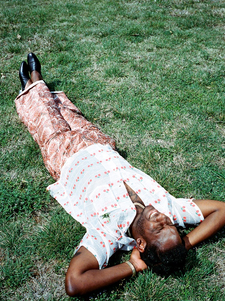 Leon Bridges wears a Bode shirt and shoes; his own pants and jewelry.