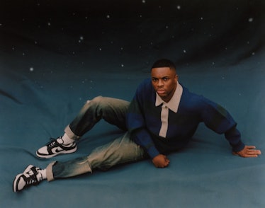 Vince Staples wears an Isabel Marant sweater; Nike sneakers; stylist’s own jeans and socks.