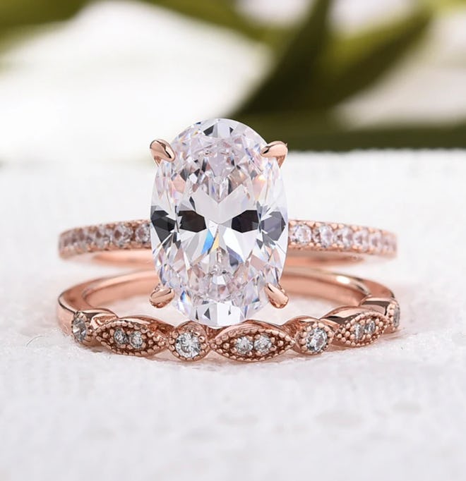 Rose Gold Created White Sapphire Oval Cut Wedding Ring Set