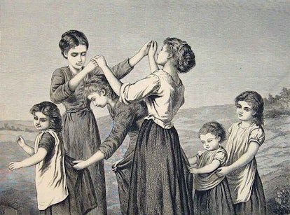 Children playing Oranges and Lemons for the bells of St Clement's, a weird nursery rhyme. 